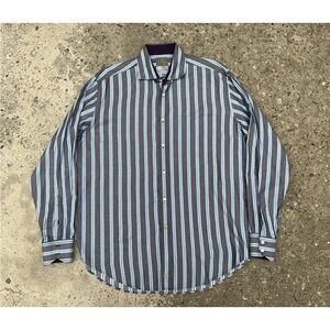 TD Thomas Dean Button Up Purple Checkered  Striped Mens Cuff Shirt Blue L